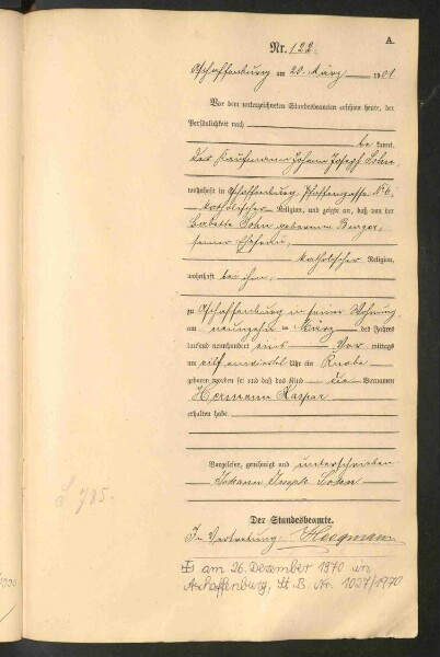 Standesamtsbuch der Stadt Aschaffenburg: Geburten 365/1900 - 184/1901