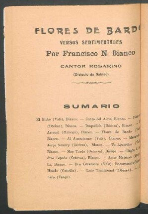 Flores de bardo : versos sentimentales por Francisco N. Bianco, cantor rosarino (Dicípulo de Gabino)