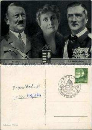 Postkarte zum Deutschlandbesuch des ungarischen Reichsverwesers Horthy, mit Sonderstempel