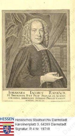 Rambach, Johann Jakob Prof. (1693-1735) / Porträt, Brustbild in Rahmen, mit Sockelinschrift