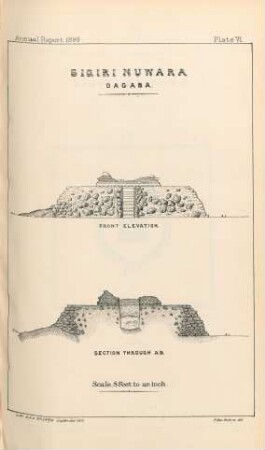 Plate VI. Sîgiri Nuwara. Dágaba. Front elevation. Section through AB