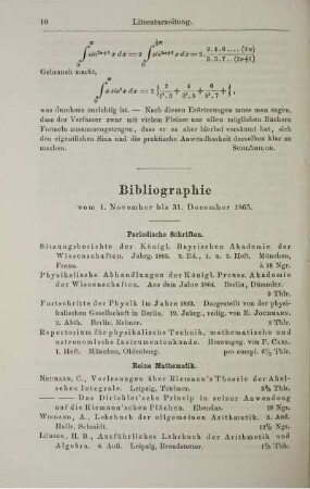 Bibliographie vom 1. November bis 31. December 1865.