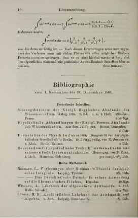 Bibliographie vom 1. November bis 31. December 1865.