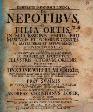 Dissertatio inavgvralis ivridica De nepotibvs ex filia ortis, in successione feudi, pro mascvlis et foeminis concessi, materteras et patrvi magni filios exclvdentibus