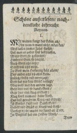 Schöne außerlesene nachdenckliche Lehrreiche Reymen.
