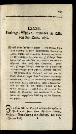 LXXXIII. Landtags-Abschied, vollzogen zu Zelle, den 8ten Octob. 1652.