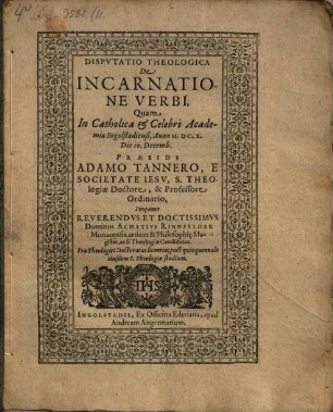 Dispvtatio Theologica De Incarnatione Verbi