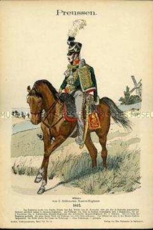 Uniformdarstellung, Offizier des 2. Schlesischen Husaren-Regiments, Königreich Preußen, 1812.