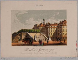 Ansicht der Treppe zur Brühlschen Terrasse, Blick vom Schlossplatz nach Osten auf das Fürstenbergische Haus (Finanzhaus) und das Palais Brühl (um 1900 für Ständehaus abgerissen)