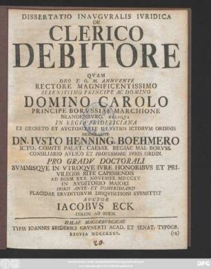 Dissertatio Inavgvralis Ivridica De Clerico Debitore