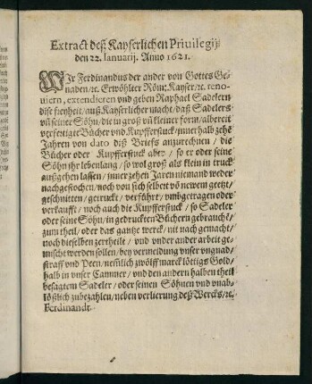 Extract deß Kayserlichen Privilegij den 22. Ianuarij Anno 1621