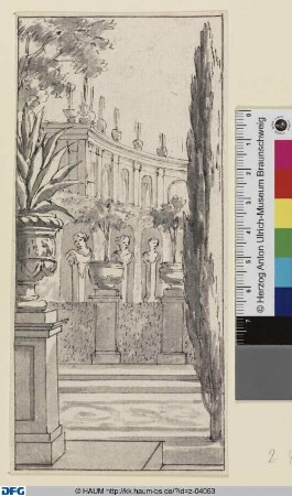 Gartenterrasse. Linkskulisse oder Prospekt. Halbentwurf links