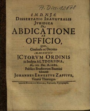 Dissertatio Inavgvralis Iuridica De Abdicatione Ab Officio