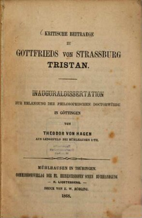 Kritische Beitraege zu Gottfrieds von Strassburg Tristan
