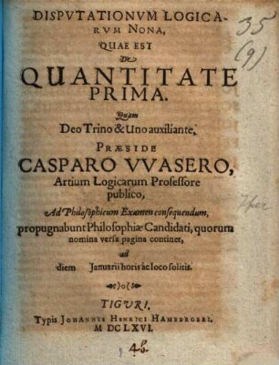 Disputationes logicae. 9, De Quantitate Prima