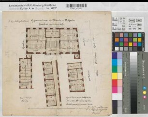 Münster (Münster) Gymnasium Paulinum Grundrisse Erdgeschoß und Hochparterre, Bankanordnung 1880 1 : 200 34,5 x 35,5 Zeichnung Hauptner KSM Nr. 1506,1