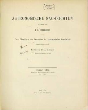 Astronomische Nachrichten : = Astronomical notes. 115. 1886