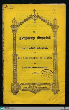 Der Oberrheinische Kirchenstreit in der II. badischen Kammer : ein Sendschreiben an dieselbe von einem Alt-Constitutionellen