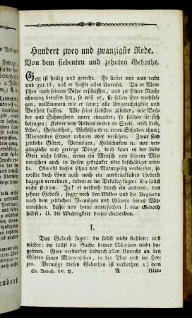 Hundert zwey und zwanzigste Rede. Von dem siebenten und zehnten Gebothe.