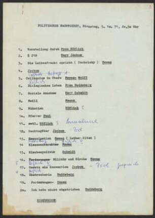Ablaufplan des Politischen Nachtgebets "Ja zum Leben, nein zu § 218" am 5. Oktober 1971