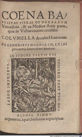 Coena Baptistae Fierae De Herbarvm Virtutibus, & ea Medicae Artis parte, quae in Victus ratione consistit