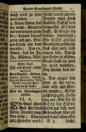 Erster Theil. Fest- und Danck-Lieder wegen der Empfängniß, Geburt, Leyden, Sterben, Auferstehung und Himmelfahrt Jesu Christi, wie auch Sendung des H. Geistes.