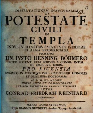 Dissertationem Inavgvralem De Potestate Civili In Templa : Indvltv Illvstris Facvltatis Ivridicae In Alma Fridericiana
