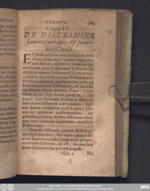 Caput IV. De Discrimine Levitici sacerdotii, [et] sacerdotii Christi.