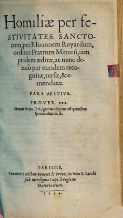 Homiliae per festivitates Sanctorum, Pars Aestiva