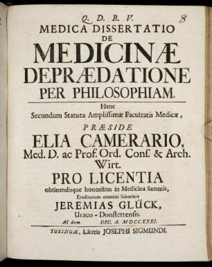 Medica Dissertatio De Medicinae Depraedatione Per Philosophiam