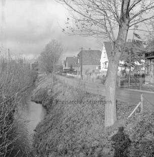 Barnitz: links Büsche an Uferböschung: vorn rechts Baum: dahinter Ölmühle: hinten Einfamilienhäuser mit Gärten