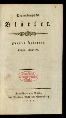 2. Jahrgang, 1. Quartal: Dramaturgische Blätter