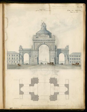Siegestor auf dem Belle-Alliance-Platz (Hallesches Tor), Berlin-Kreuzberg Monatskonkurrenz Dezember 1871: Grundriss, Aufriss (Ansicht nach Süden ?); Maßstabsleiste