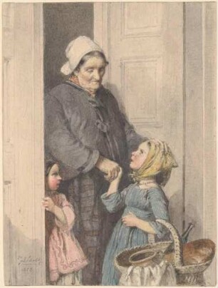 Alte Frau mit zwei Mädchen an der Haustür