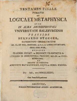 Tentamen finale publicum ex logica et metaphysica