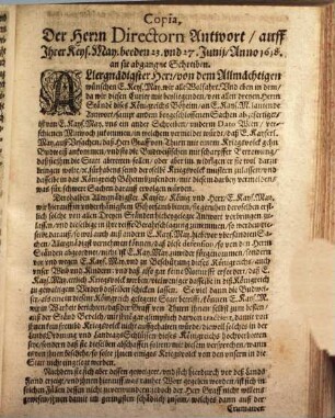 Copia, Kayserlichen Schreibens an die Herrn Directores in Böheimb, das Volck abzudancken, [et]c.
