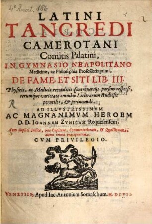 Tancredi Latini Camerotani De fame, et siti : libri III