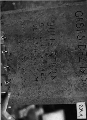 Grabstein 324 (Index: 99618442) Maße HxBxT: 124x55x12 cm Besonderheit: kulturhistorisch wertvoll / hist.-wiss. Gründe (Schoah-Opfer); - Doppelgrab (für Mütter und Tochter?): Grabstein 324A