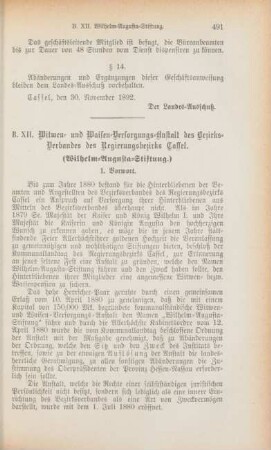 XII. Witwen- und Waisen-Versorgungs-Anstalt des Bezirks-Verbandes des Regierungsbezirks Cassel. (Wilhelm-Augusta-Stiftung)