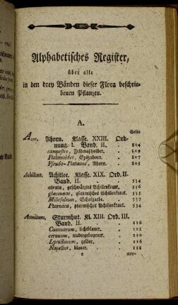 Alphabetisches Register, über alle in den drey Bänden dieser Flora beschriebenen Pflanzen.