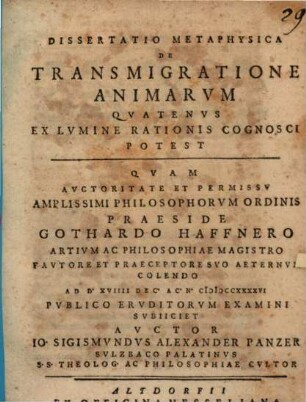 Diss. metaphys. de transmigratione animarum, quatenus ex lumine rationis cognosci potest