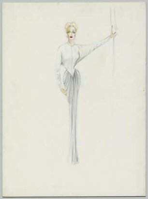 Ein Kleid mit Fledermausärmeln und gerafftem, bodenlangem Rock (Archivtitel)