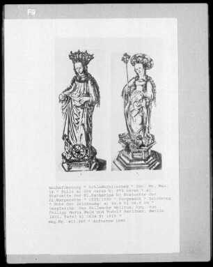 Ms 14, fol 369 v, fol 373 v: Heilige Katharina und Margaret, Statuetten