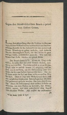 Gegen den Mendelsohnschen Beweis a priori vom Daseyn Gottes