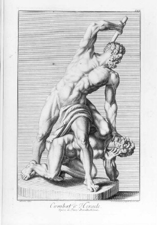 Lindemann, Christian Philipp (Stecher) und Werner, Anna Maria (Zeichnerin) nach Baratta, Francesco d. Ä. (Bildhauer): Combat d'Hercule, Abb. 209. Kupferstich; 414 x 260 mm (Plattenrand). Aus: Leplat, Raymond: Recueil des marbes antiques qui se trouvent dans la Galerie du Roy de Pologne à Dresden avec privilege du roy, l'année 1733. Dresden: Stössel, 1733. Dresden: SLUB 31.gr.2.1