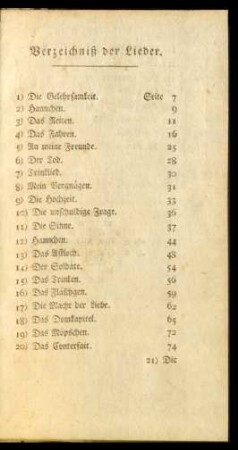Verzeichniß der Lieder
