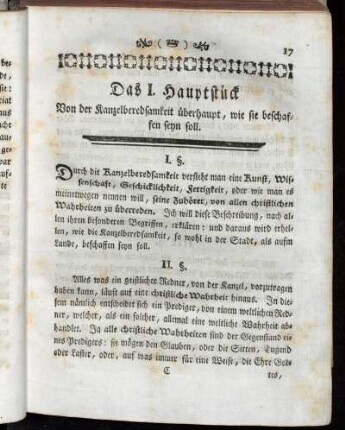 Das I. Hauptstück Von der Kanzelberedsamkeit überhaupt, wie sie beschaffen seyn soll.