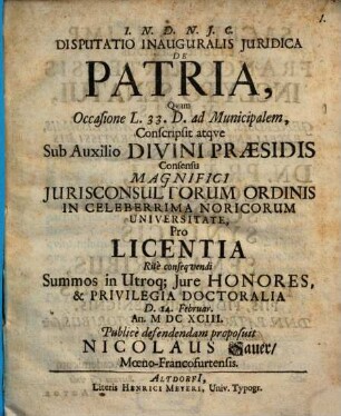Disputatio Inauguralis Juridica De Patria