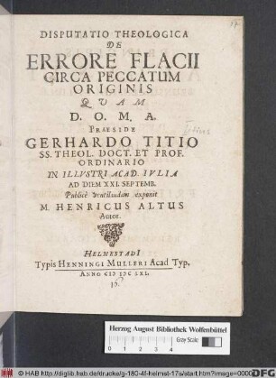 Disputatio Theologica De Errore Flacii Circa Peccatum Originis