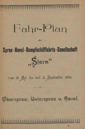 Fahr-Plan der Spree-Havel-Dampfschifffahrts-Gesellschaft "Stern"